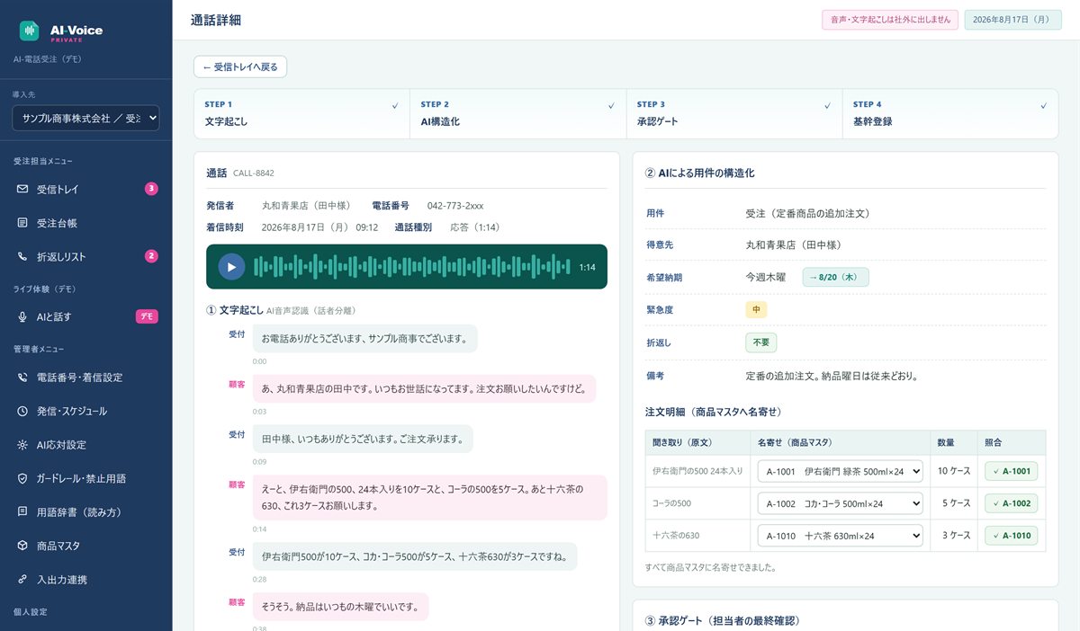 通話詳細：AIが文字起こし・構造化し担当者が確認